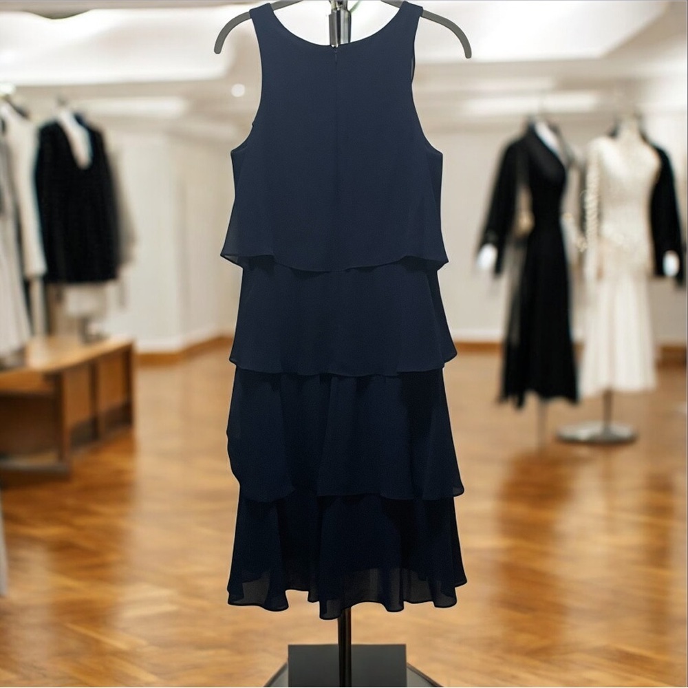 SLNY Navy Layered Midi Dress with Beaded Neckline - Picture 2 of 10